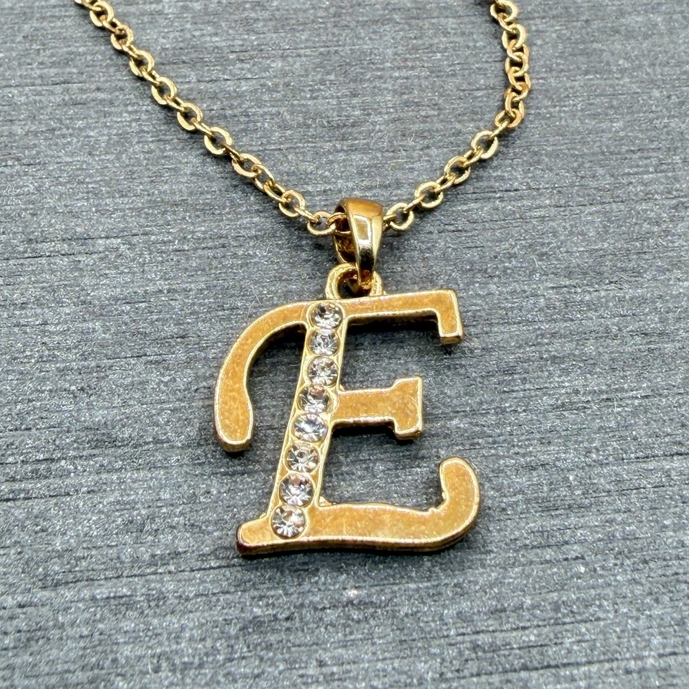 Gold Tone Rhinestone Letter E Initial Pendant Necklace Monogram Minimalist Gift